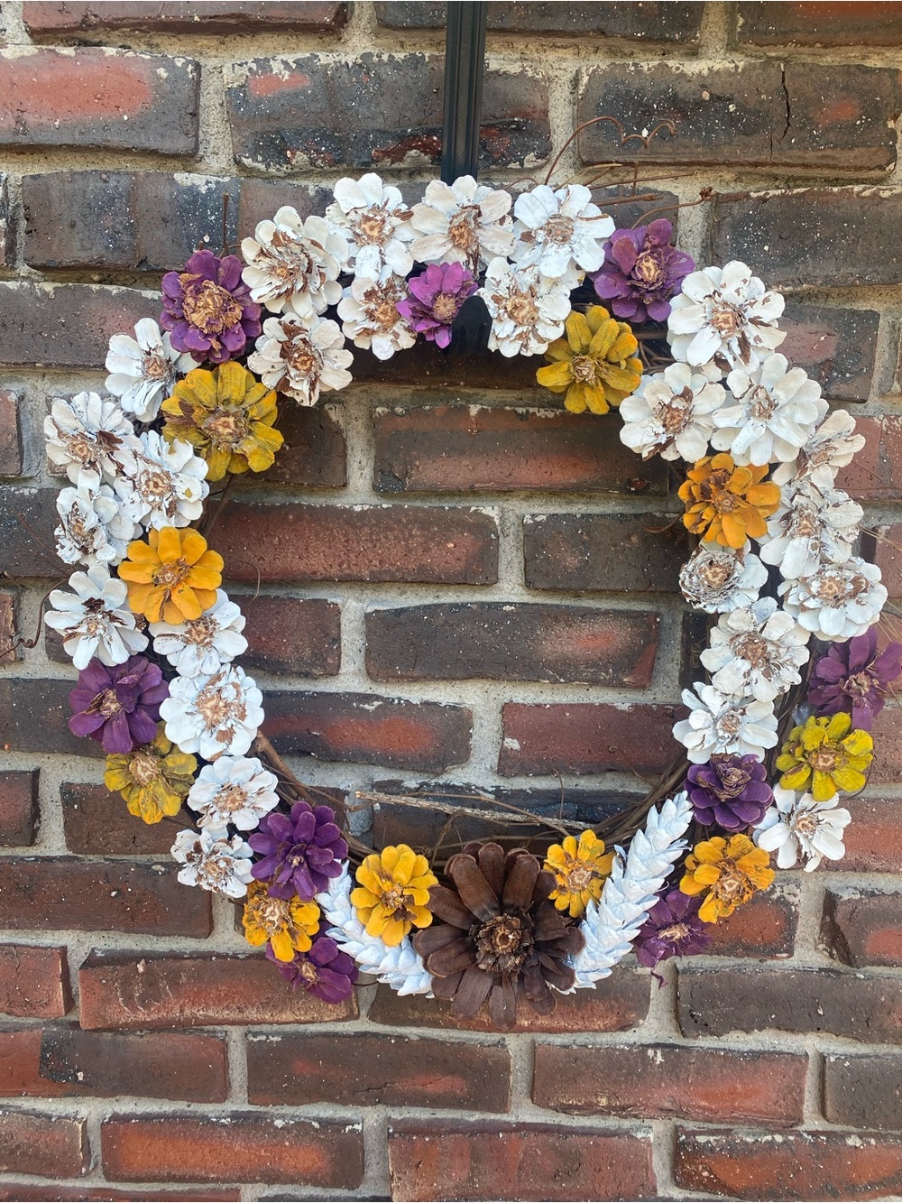 Pinecone Flower Wreath in White, Purple & Yellow 20”